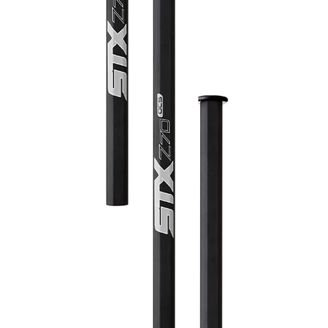 Three black STX Z70 OCS Defense 2023 lacrosse handles featuring different lengths are arranged vertically, showcasing "STX 270" in white text against a plain white background.