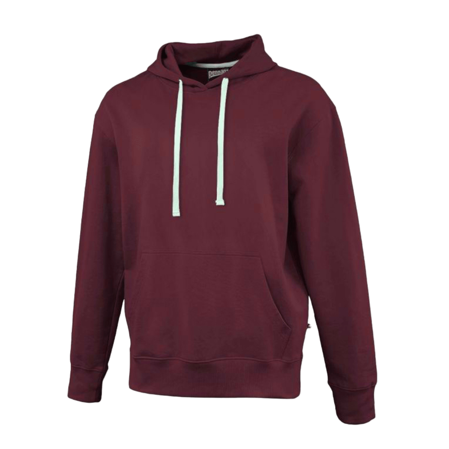 The Pennant Crossover Hoodie from Pennant Sportswear, in a maroon Terry Fleece, features stylish white drawstrings and a convenient front pocket. It perfectly embodies casual crossover style and is ideal for expressing team spirit. Displayed against a plain background, this hoodie makes a statement.