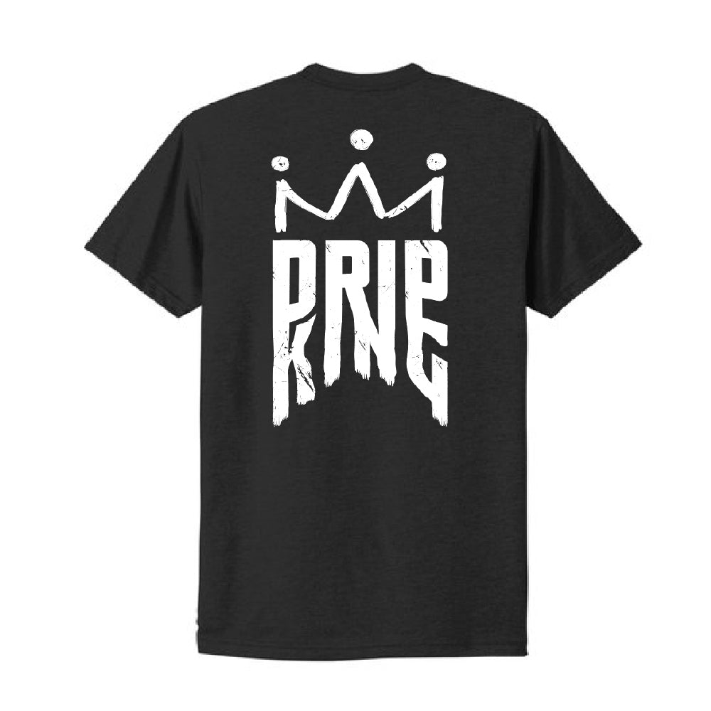 Nike Drip King Graphic Nike Legend SS T-Shirt in black, showcasing a stylized "PRIE" graphic with a crown and abstract figures on the back.