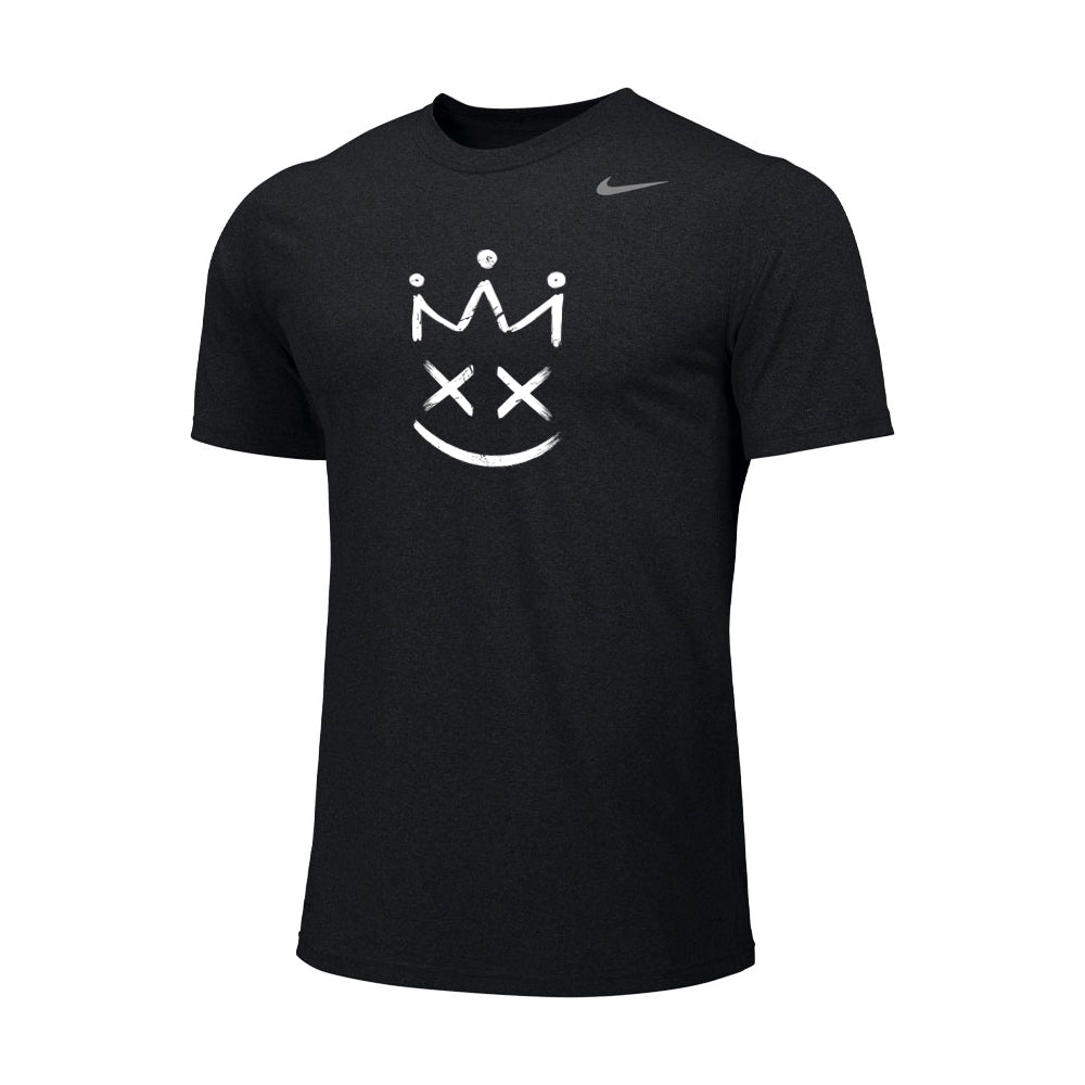 Nike Drip King Graphic Nike Legend SS T-Shirt, in black, showcases a white graphic of a smiling face with crossed-out eyes and a crown.