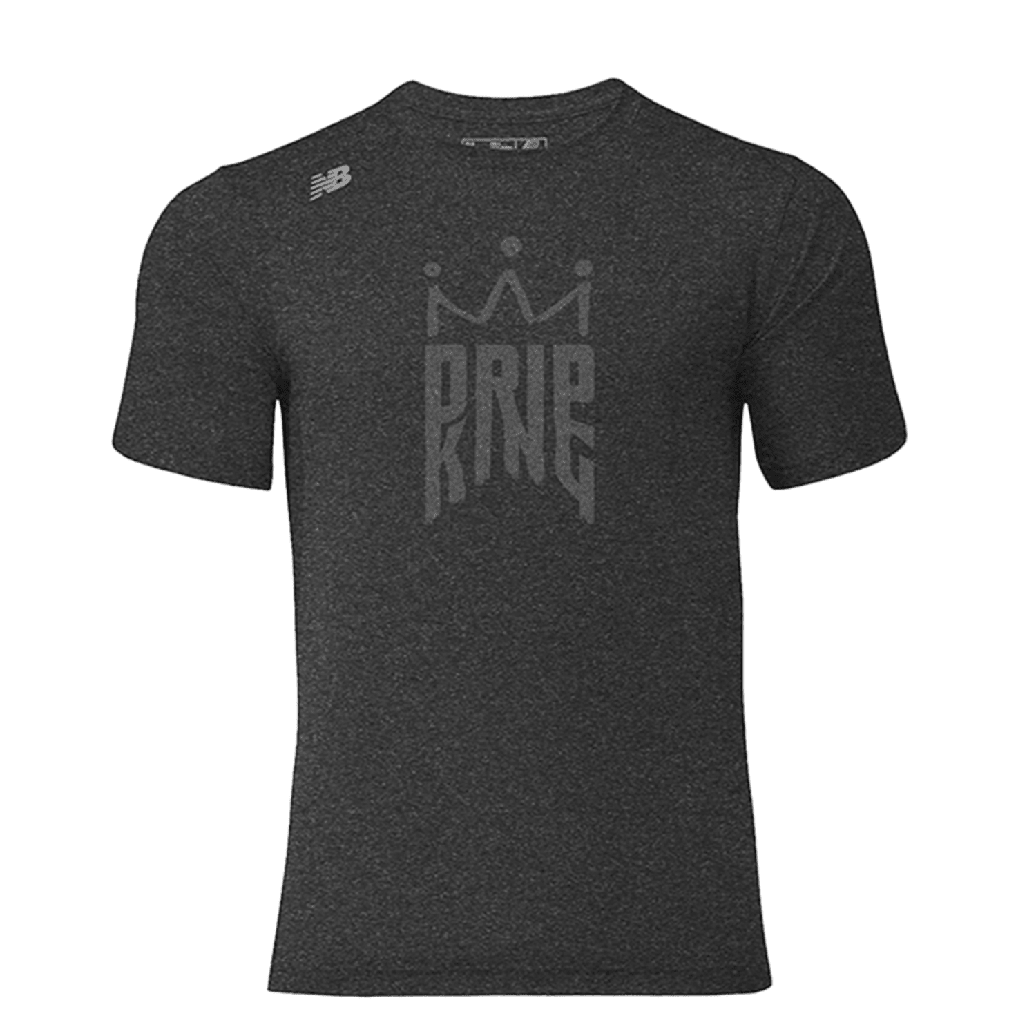 Introducing the New Balance Drip King Tech T-Shirt, a limited edition piece in dark gray, showcasing the word "King" accented with a crown graphic that channels the essence of The Drip King. As a technical tee from New Balance, it features their iconic logo on the shoulder for an elegant touch.