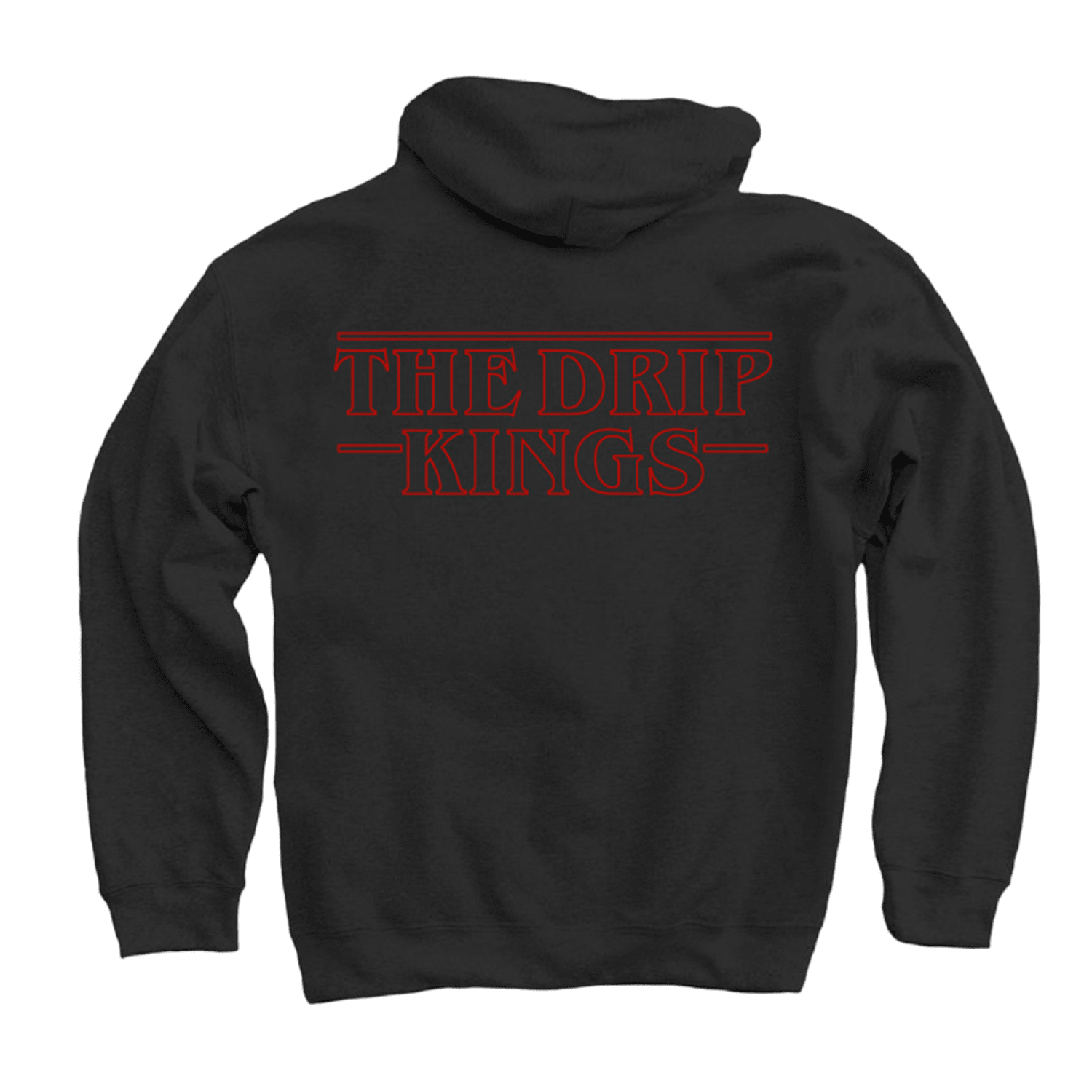 The New Balance Youth Drip King Halloween Hoodie, exclusively designed by Caleb Hammett, showcases "THE DRIP KINGS" printed in bold red text on the back of a black hoodie and is available only at Lax.com.