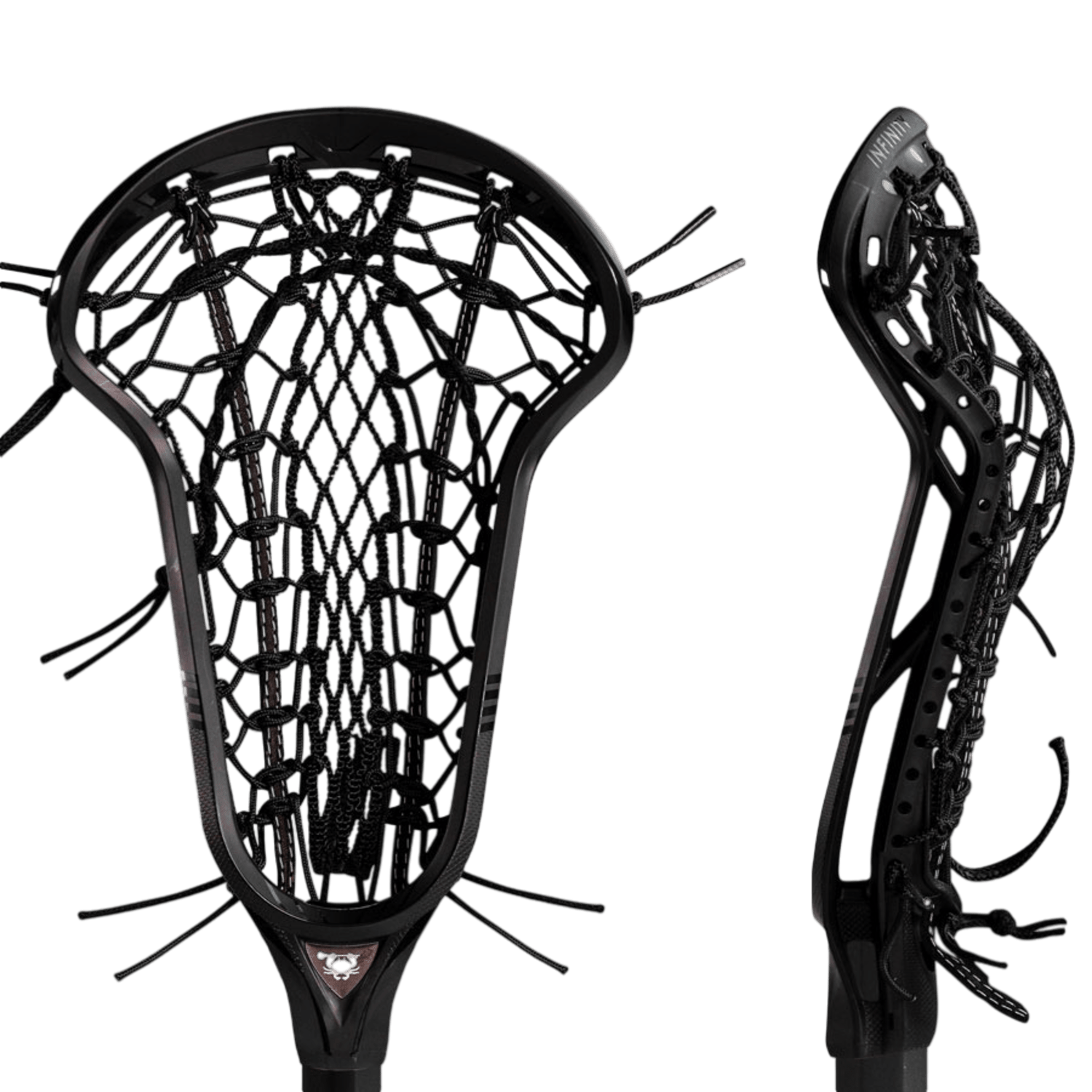 Two views of an ECD Infinity Venom Mesh Strung Lacrosse Head by East Coast Dyes in black, featuring intricate stringing. The front view showcases the Venom Mesh Runner and strings, while the side view highlights the curved structure and sidewall design of this premium piece.