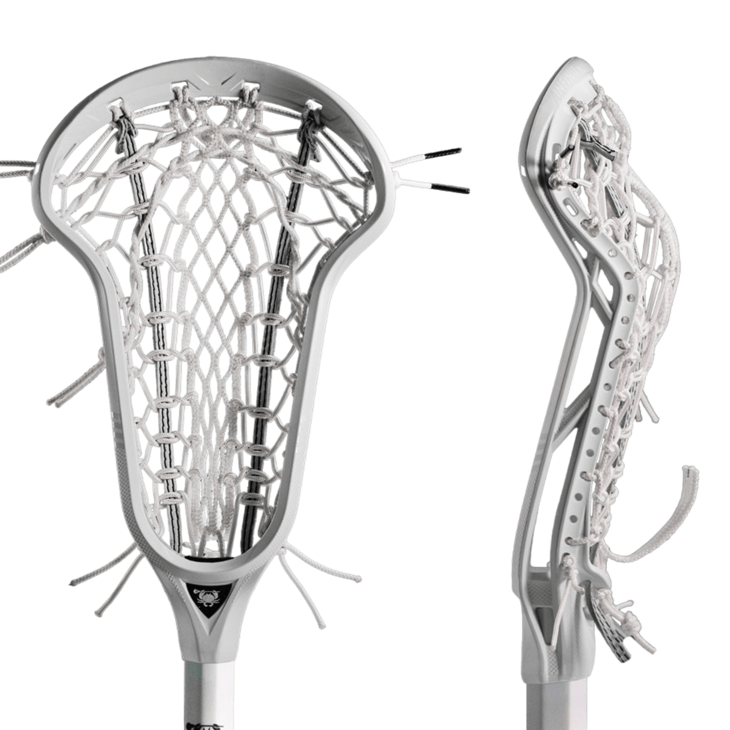Two white lacrosse heads are displayed: an East Coast Dyes Infinity women's lacrosse head facing forward, showcasing the Venom Mesh Runner netting, and another in profile, highlighting ECD Lacrosse's sidewall design and strings.