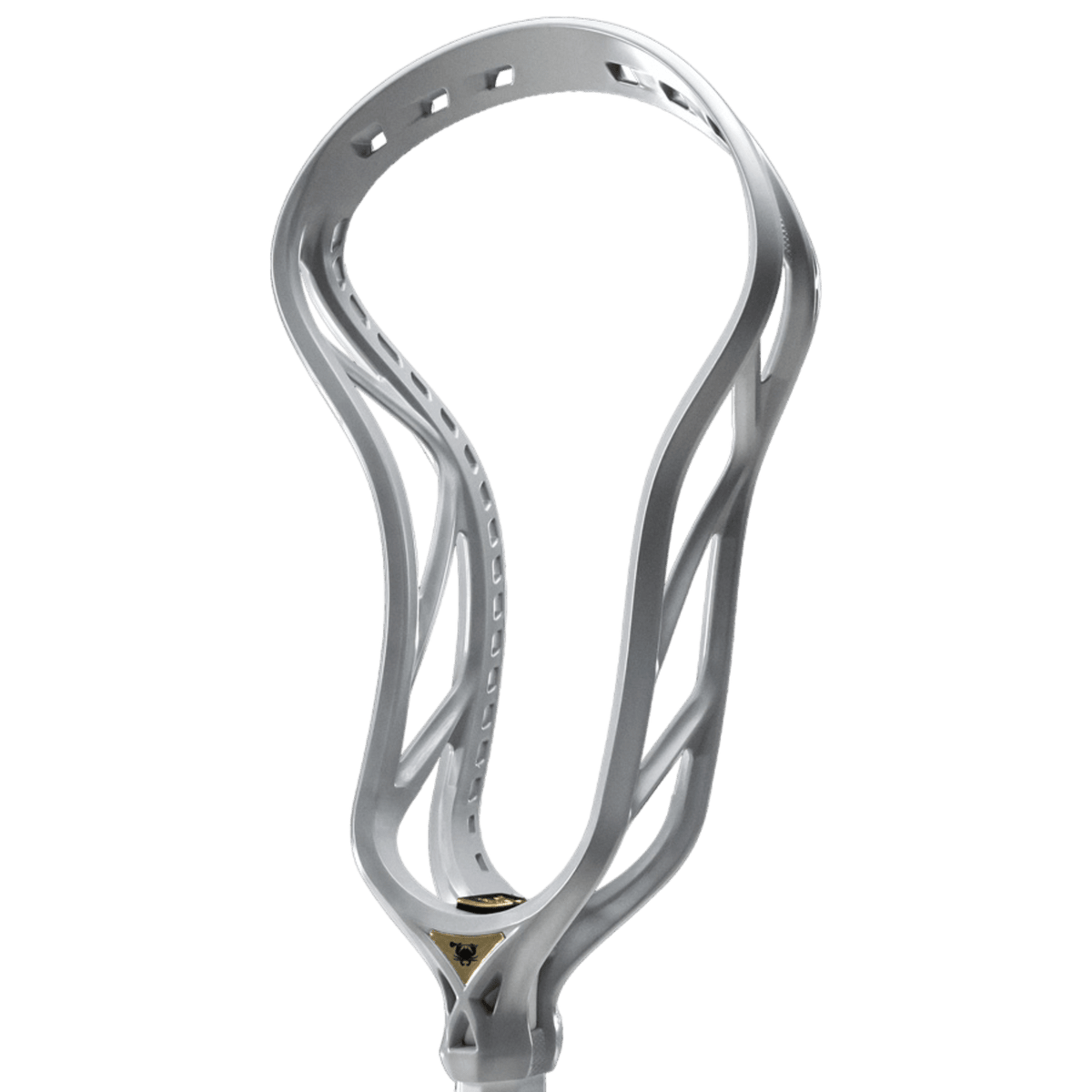 The ECD Mirage 2.0 Graphene Lacrosse Head by East Coast Dyes features a white, open, and aerodynamic design with numerous slots and curves, enhancing both ball control and impact strength.