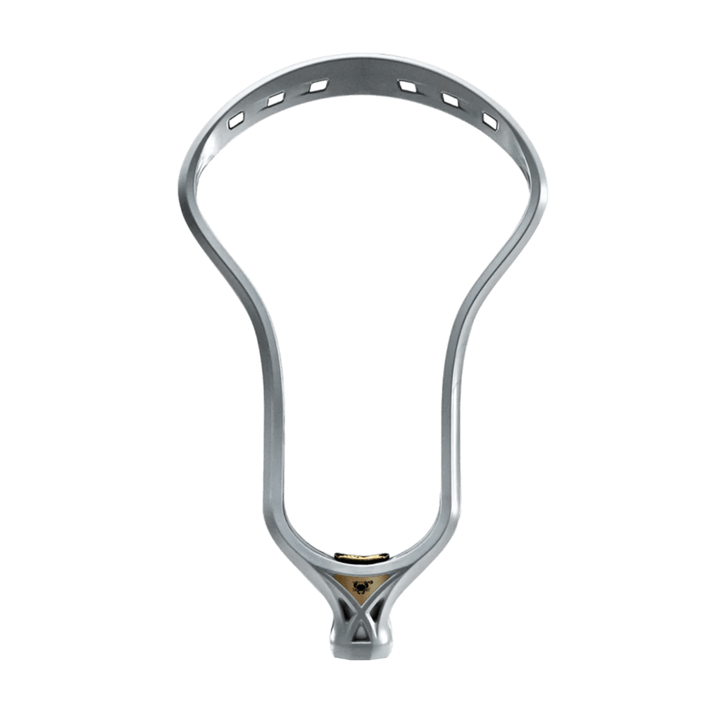 Displayed against a solid green backdrop, the ECD Mirage 2.0 Graphene Lacrosse Head by East Coast Dyes reveals its teardrop form and features small perimeter holes, emphasizing its superior impact strength.
