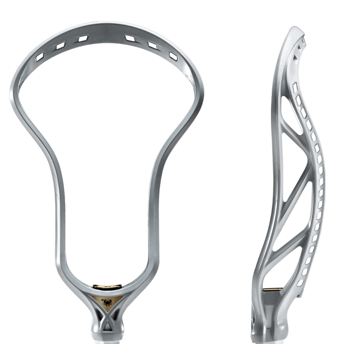 Two views of the East Coast Dyes ECD Mirage 2.0 Graphene Lacrosse Head: a front-facing view showcasing the string holes along the top and sides, and a side profile highlighting its curved structure. This lacrosse head features a sleek, lightweight design with remarkable impact strength.