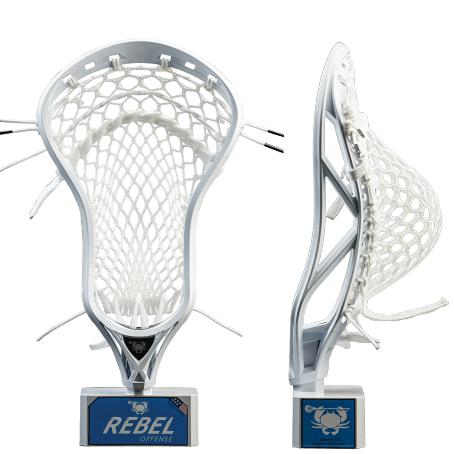 Two East Coast Dyes ECD Rebel Offense - Elite Pocket Lacrosse Heads are elegantly displayed on stands. The front view showcases a webbed white net with the "ECD Rebel Offense" text, while the side profile highlights the Elite pocket depth. Featuring Hero 2.0 semi-soft mesh, these heads are designed for top-tier performance.