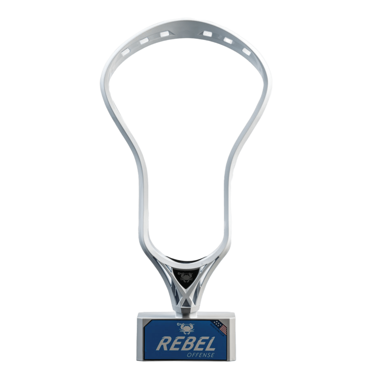 The ECD Rebel Offense Lacrosse Head from East Coast Dyes boasts a stiff, aggressive shooting design with a white symmetrical frame that includes multiple stringing holes and a reinforced scoop. Perfect for a mid-pocket setup, it is set against a plain background, highlighting its precision engineering.
