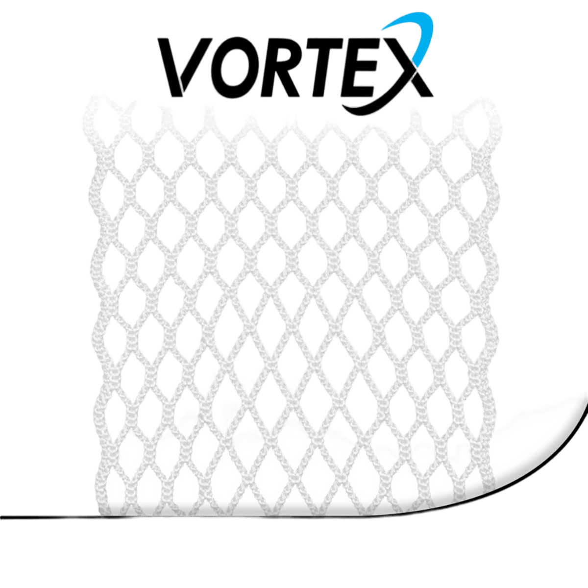Displayed is the East Coast Dyes' ECD Vortex Semi-Soft Lacrosse Mesh, featuring a white mesh pattern with diamond-shaped holes. At the top, you'll find the word "Vortex" alongside a blue swoosh. This innovative design incorporates hybrid technology and weatherproof LTH fibers against a transparent background.