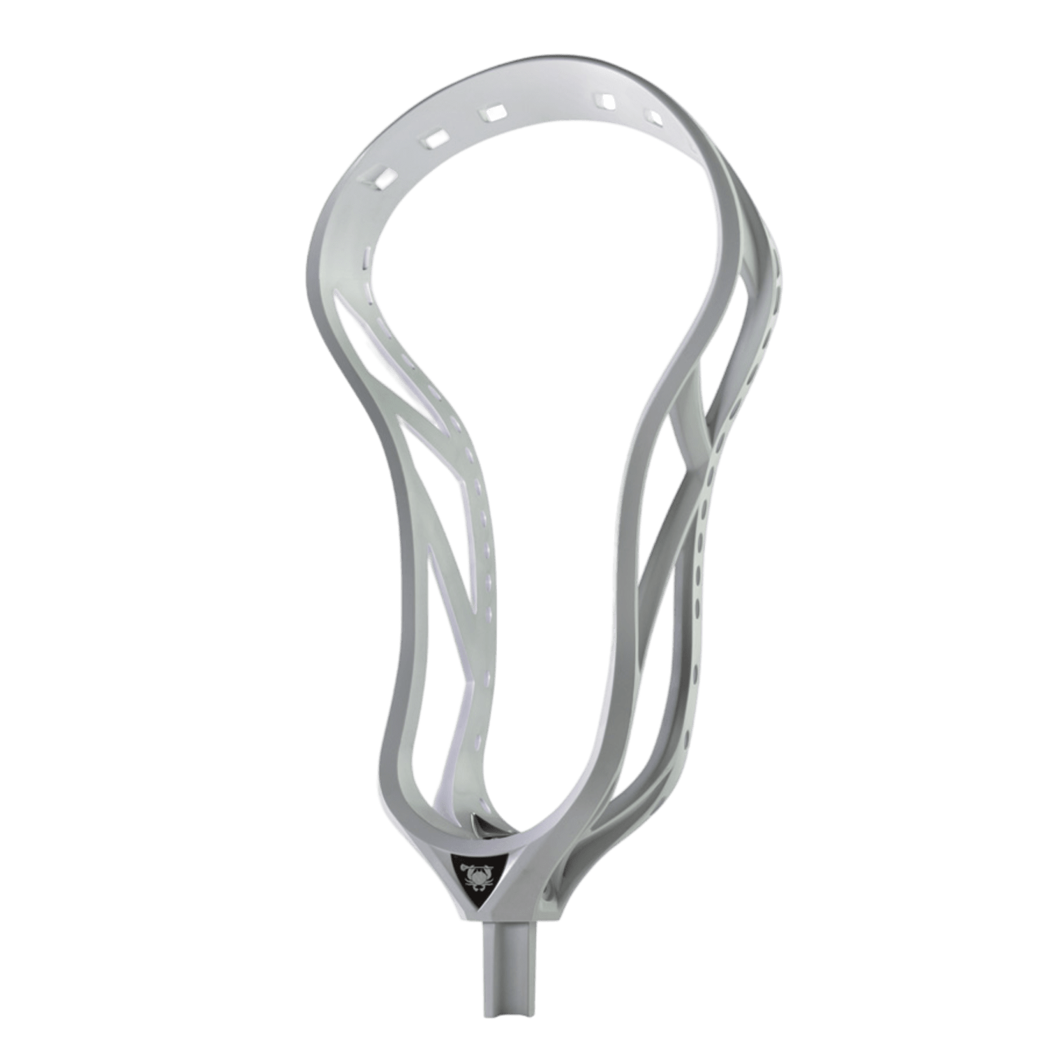 A close-up of the ECD Weapon X Lacrosse Head by East Coast Dyes against a plain background showcases its sleek design and multiple stringing holes. The FlexForm technology enhances its performance, while the logo at the bottom emphasizes its connection to Greg "Beast" Gurenlian's legacy.