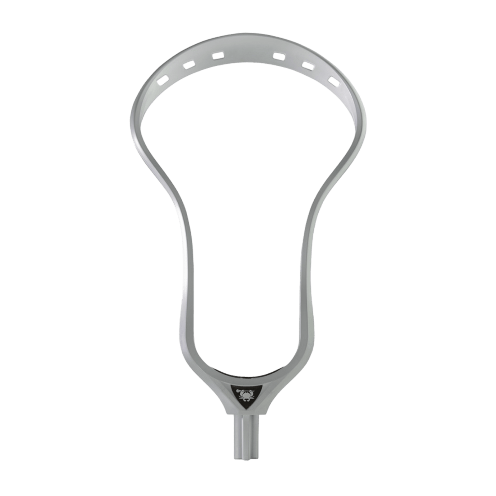 The ECD Weapon X Lacrosse Head by East Coast Dyes is a silver stick head showcasing a triangular logo at the base, inspired by Greg "Beast" Gurenlian's signature style. It boasts a wide opening with multiple stringing holes, all set against a plain green background.