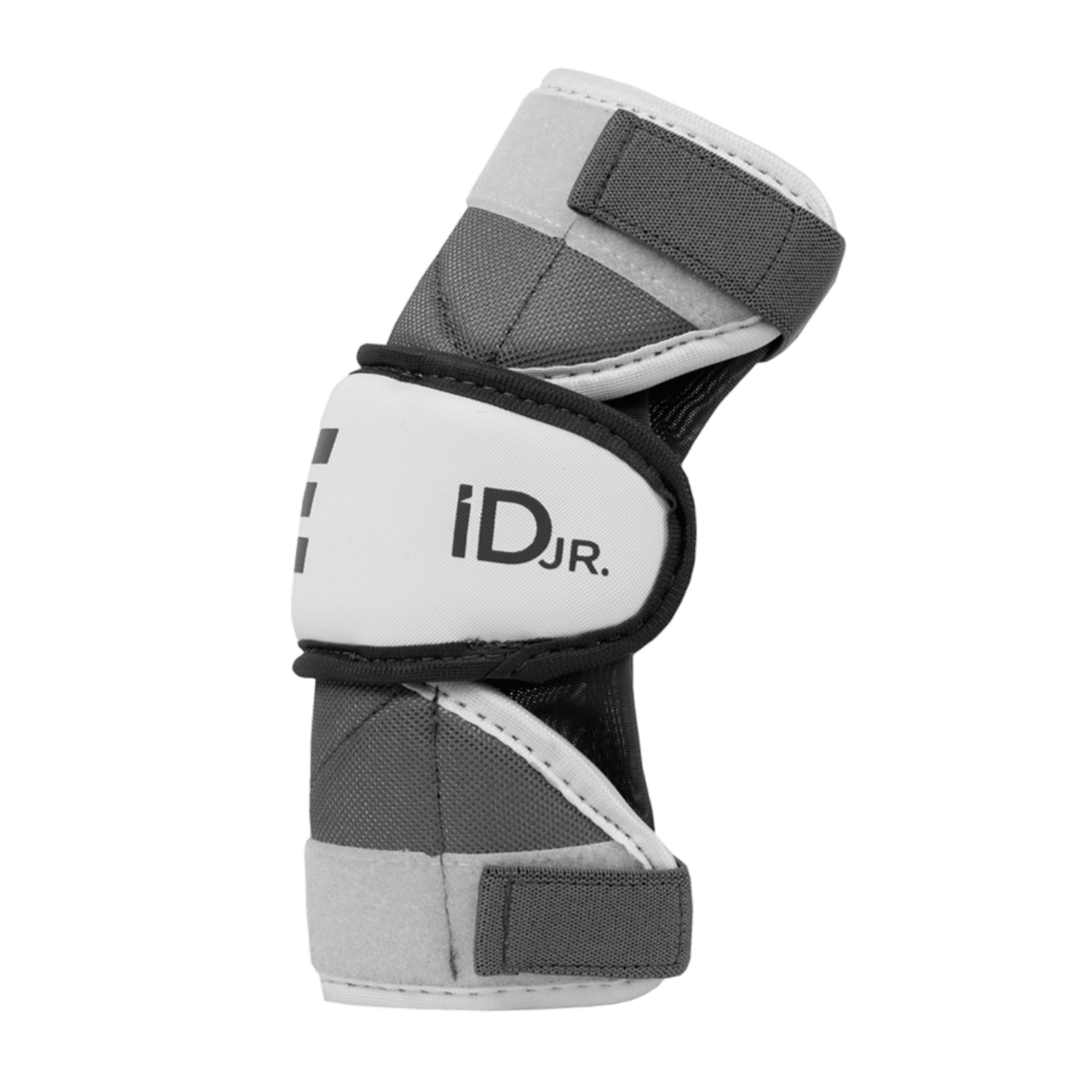 The Epoch iD Junior Arm Pads in grey and white come with adjustable straps, making them an ideal choice for young lacrosse players who need dependable protection during sports activities.
