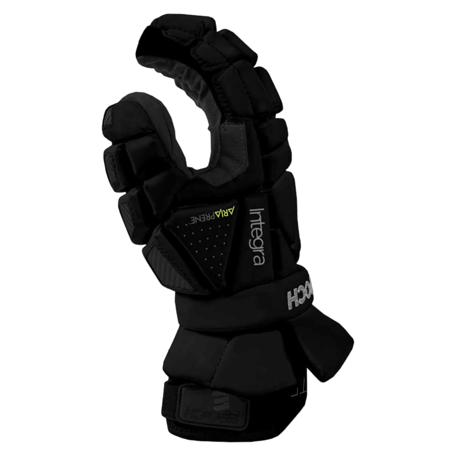 The Epoch Integra Elite Lacrosse Gloves, from the brand Epoch, feature Tri-Layer Dual Density foams for enhanced protection. These gloves are black and come with reinforced padding and a secure wrist strap, specifically designed for high-impact activities.