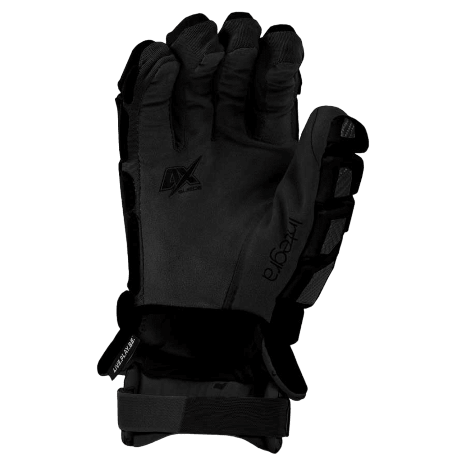 The Epoch Integra Elite Lacrosse Gloves in black are designed for rugged use with Tri-Layer Dual Density foams, featuring reinforced knuckles, an adjustable wrist strap, and branded logos on the back and pinky finger.