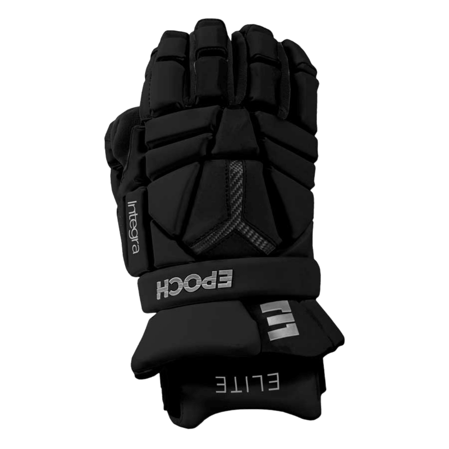 The Epoch Integra Elite Lacrosse Gloves feature a black design with Tri-Layer Dual Density foams for protective padding. "EPOCH" and "Elite" are displayed in white text on the gloves, which are shown in a palm-up position to highlight their intricate stitching and sleek design against a plain background.