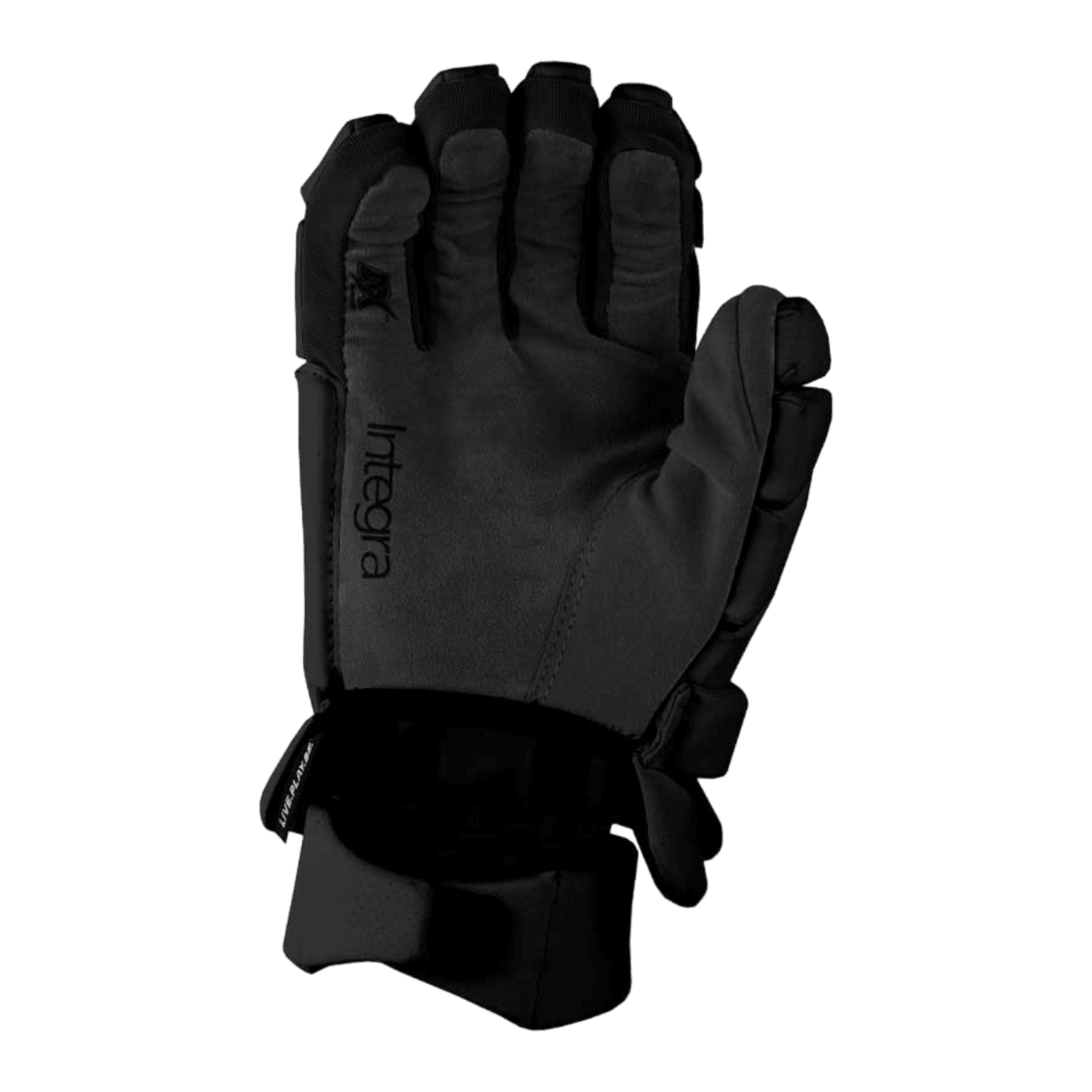The Epoch Integra Select Lacrosse Gloves are black winter gloves that feature the word "Integra" on the back. They include reinforced knuckles and a wrist strap for precise adjustment, making them ideal for cold weather protection. These gloves are designed with Dual Density Foam Stacks to ensure durability both on and off the field.