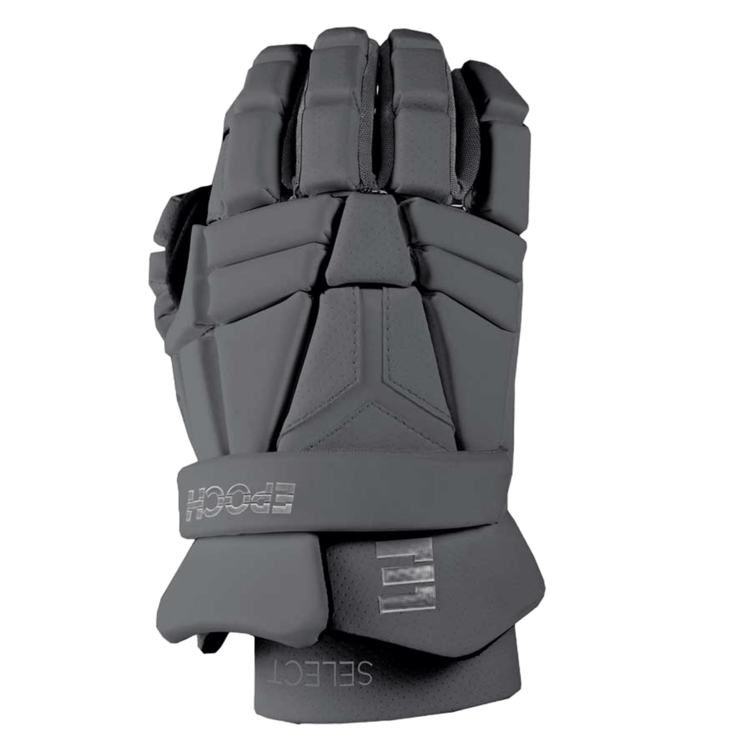 A black INT-SE-GL-BLK-L glove by Epoch incorporates multiple segmented padding and Dual Density Foam. It features a strap labeled "SELECT" and includes a flexible thumb to improve grip, all set against a solid green background to accentuate its protective details.