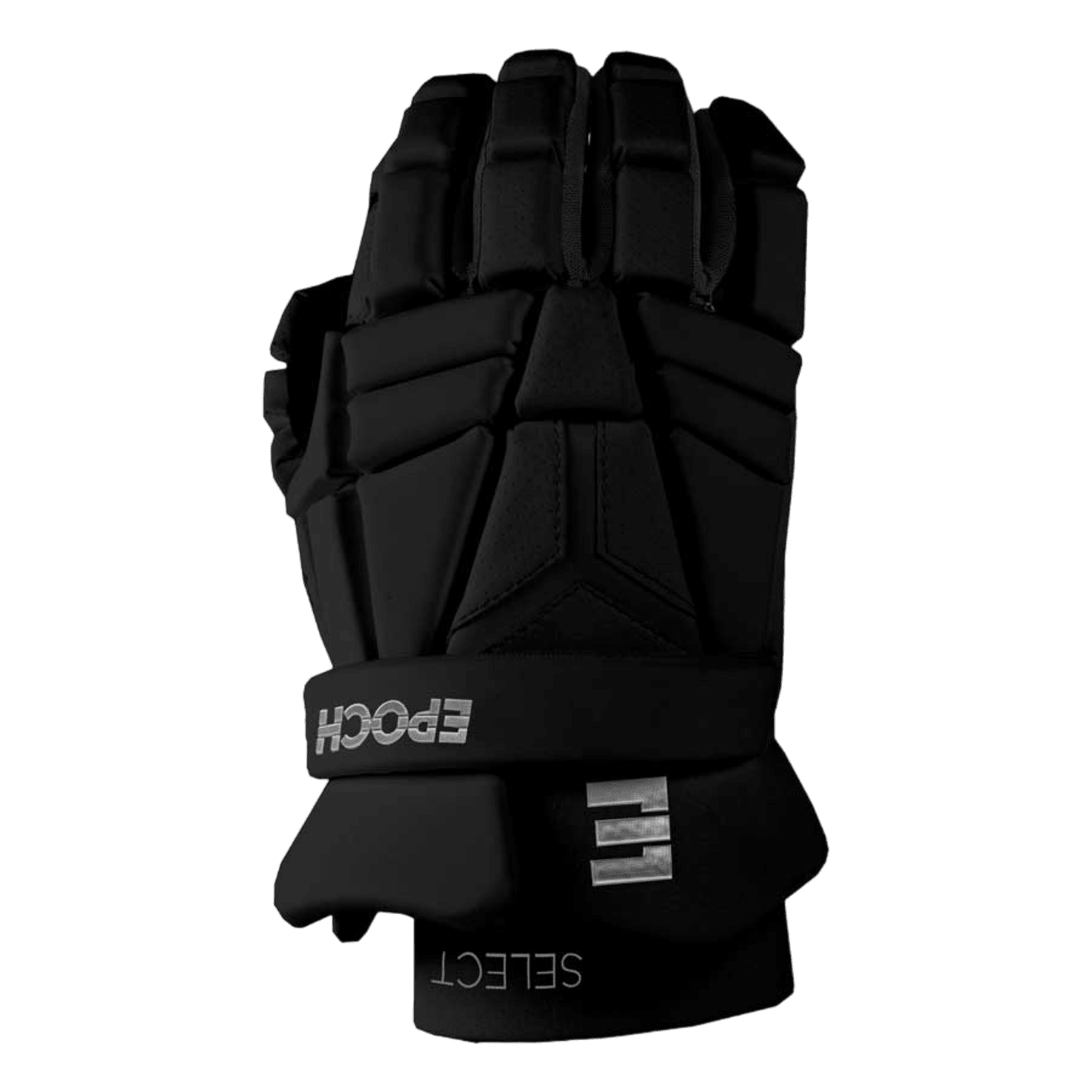 The Epoch Integra Select Lacrosse Glove, featuring a black color with visible stitching and Dual Density Foam Stacks for improved protection, prominently displays the brand "Epoch" on the cuff. Designed for left-hand users and perfect for any lacrosse player, it is presented against a simple green background.