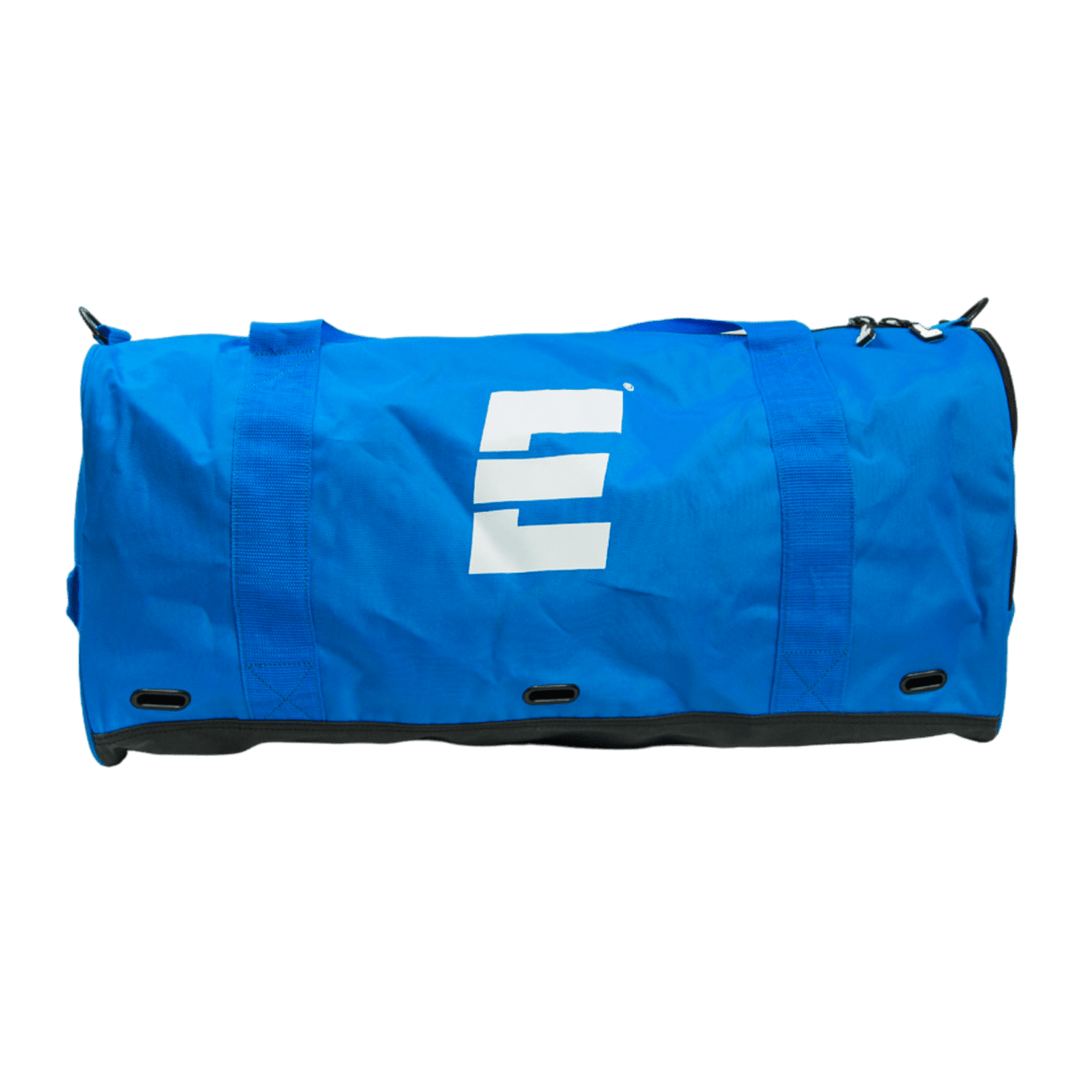 The Epoch Training Team Bag by Epoch is a blue duffel featuring a white "E" logo on the side and a ventilated design ideal for gym gear.
