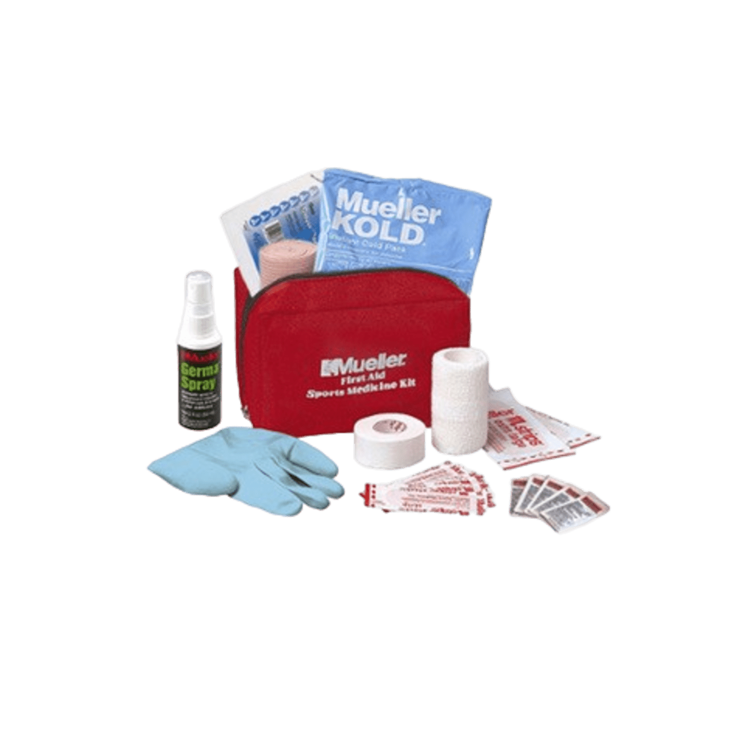 The Mueller First Aid Sport Kit, known for its compact and lightweight design, is ideal for sports-related injuries. It includes essentials such as ice packs, adhesive tape, bandages, gloves, a spray bottle, and antiseptic wipes. The kit is displayed open with its neatly organized contents arranged on a surface.
