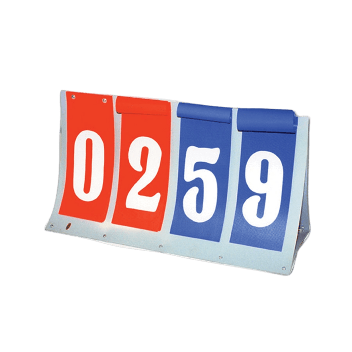 The Flip-A-Score Scoreboard by Lax.com includes a set of vinyl flip cards displaying the number 0259. The initial card is red with a white zero, while the subsequent three cards are blue with white numbers 2, 5, and 9. This lacrosse score keeper is mounted on a metal stand, providing durability throughout every game.