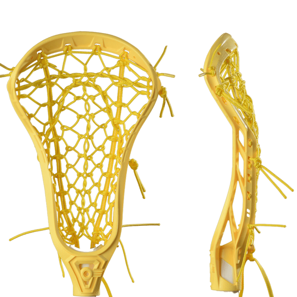A Gait Air Flex Mesh Complete Stick, featuring a yellow lacrosse head with detailed netting, is displayed in both front and side views. The strings are neatly tied, and the Flex Mesh pocket showcases its sturdy, well-crafted design. Paired perfectly with a Gait Carbon handle, it epitomizes precision and reliability on the field.