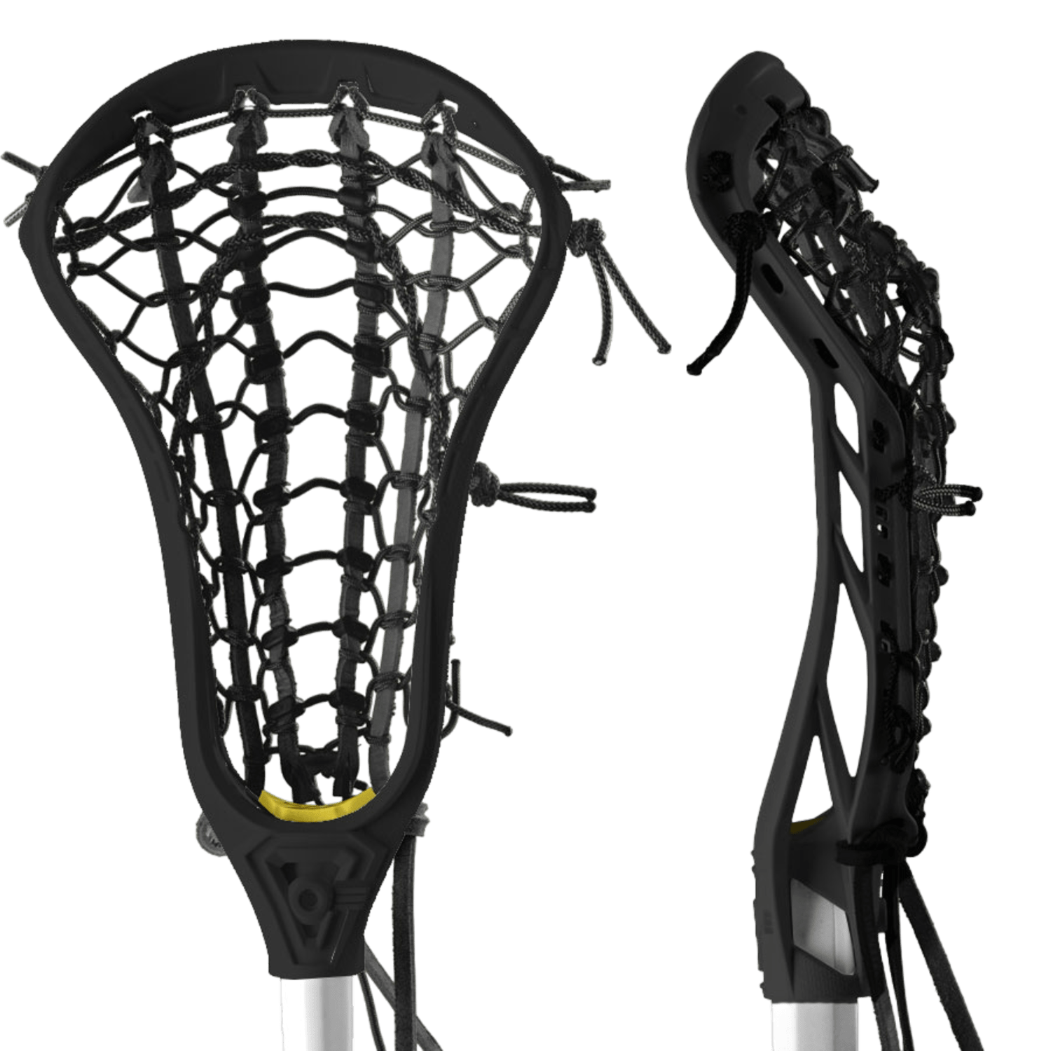 The image displays two Gait GAIRHSW-BLK lacrosse sticks, with one shown from the front and the other from a side view. These black sticks feature white shafts and a Rail Elite pocket, making them perfect for superior handling in women's lacrosse for players aiming for precision on the field.
