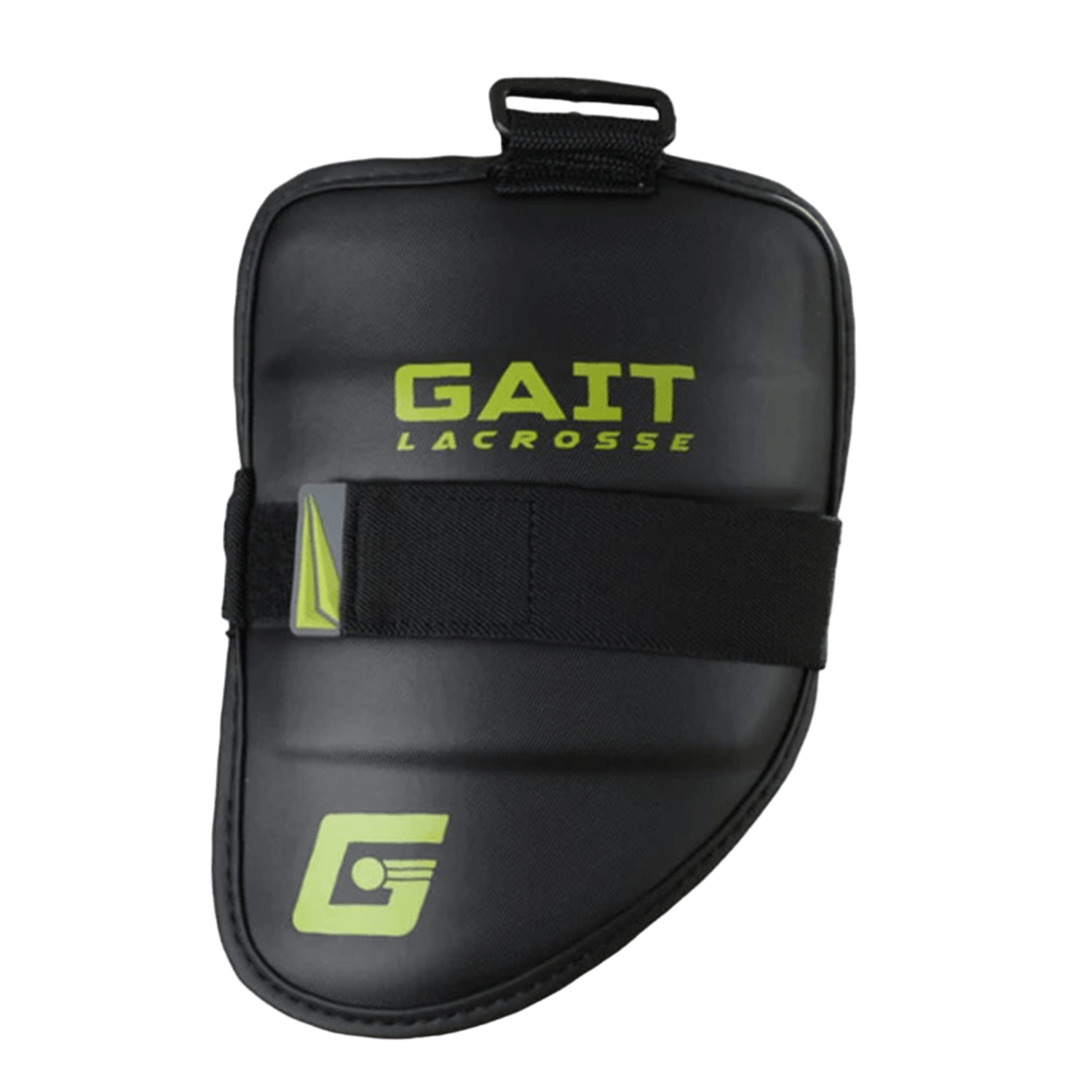 The Gait Command 3 Bicep Pads in black feature a curved design and an adjustable black strap, perfect for box lacrosse players. They offer additional arm protection and include a small "GAIT" logo near the bottom for added style.