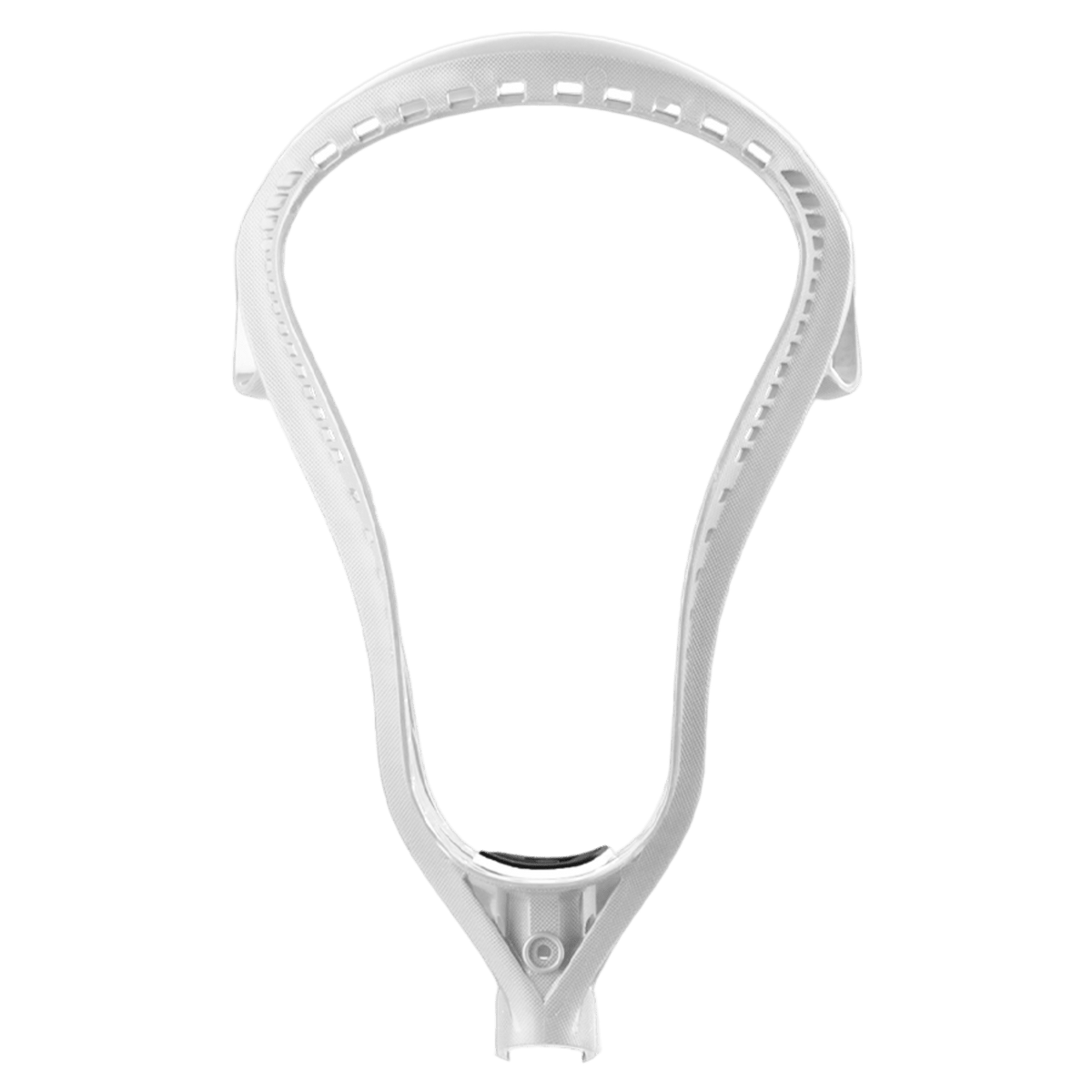 A lacrosse head from Gait, named GDHUM, comes in white and features a wide scoop with multiple stringing holes, along with innovative Ball Dislodgement Technology, all showcased against a simple background.