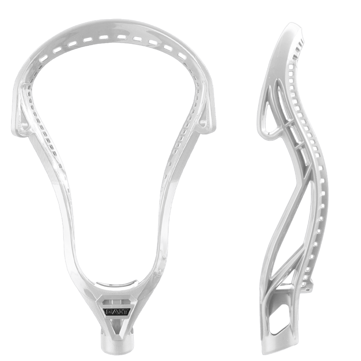 The Gait D Lacrosse Head, viewed from the front and side, is designed in white with multiple stringing holes and incorporates innovative Ball Dislodgement Technology for superior performance on the field.