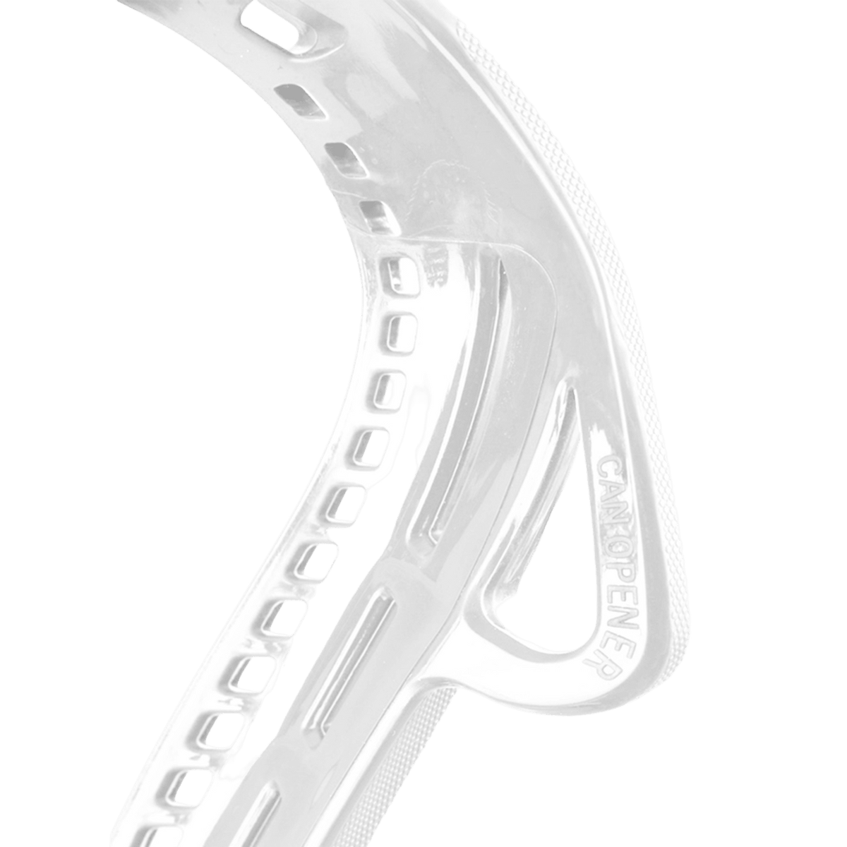 A close-up of a white Gait D Lacrosse Head by Gait reveals rectangular holes on the side. The phrase "CAN OPENER" is embossed near the curved edge, showcasing Can Opener Hooks designed for improved ball dislodgement technology. The transparent background accentuates the head's innovative design.