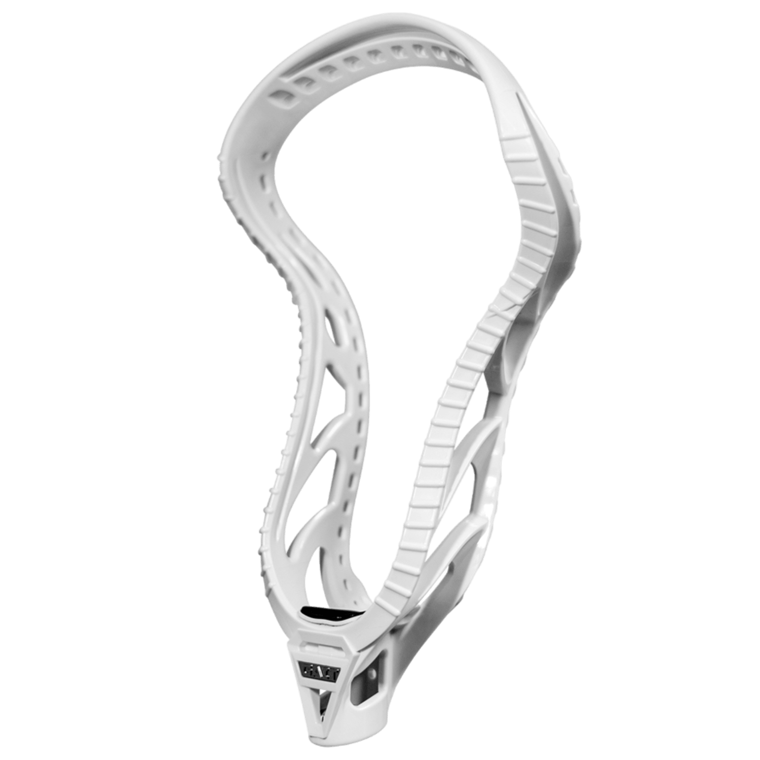 The GAIT D2 GB Lacrosse Head from Gait, with its sleek white design, showcases modern contours and cutouts highlighted by Elevated Impact Ridges. The lacrosse head is isolated on a plain background, underscoring its shape and advanced technology.