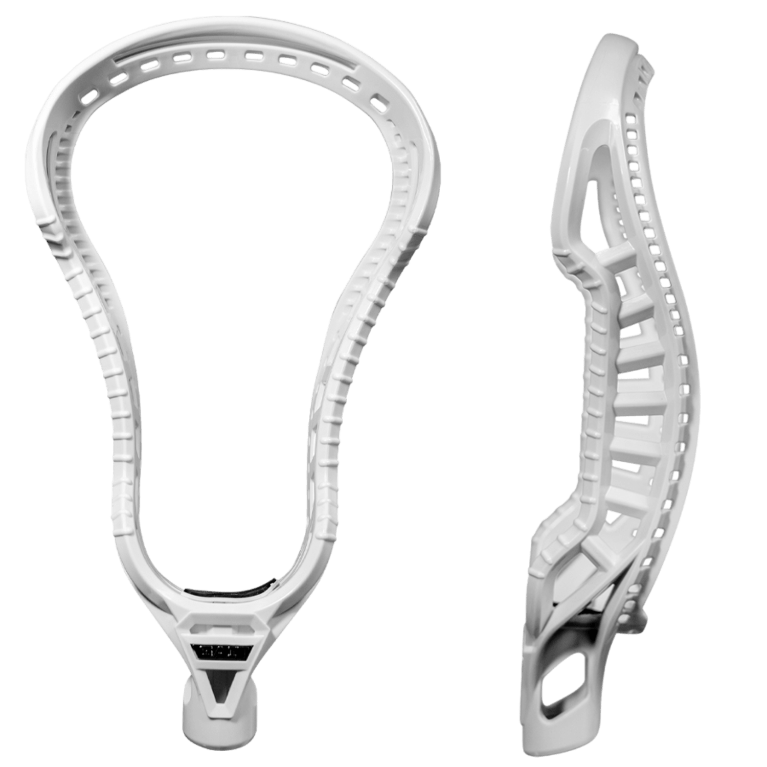 Two Gait GD2THUM–WHT lacrosse heads are showcased: one facing front and the other in profile. Specifically designed for lacrosse defenders, these heads feature a sleek modern design with reinforced sidewalls, multiple stringing holes for custom configurations, and advanced Ball Dislodgment Technology to enhance gameplay.