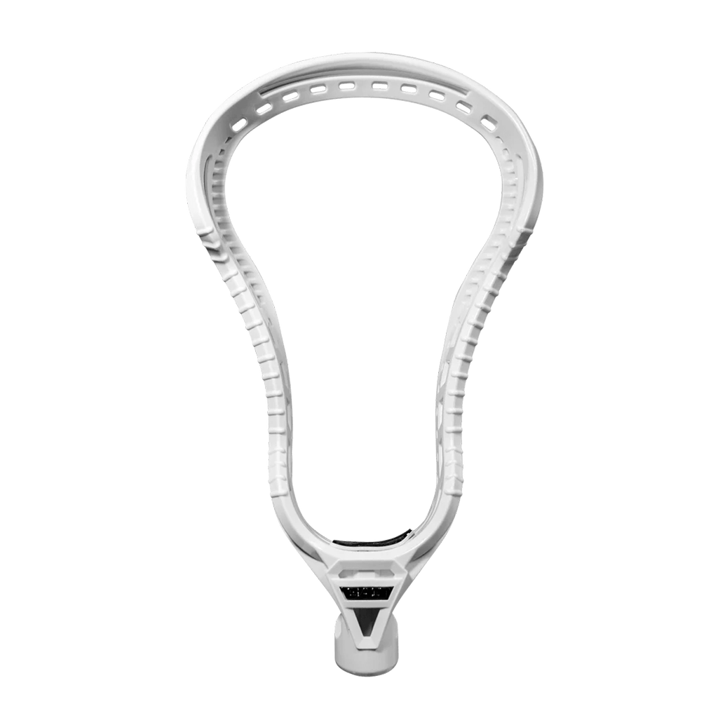 The GAIT D2 T Lacrosse Head by Gait is white with custom stringing and multiple holes around the edge, designed to assist defenders in dislodging the ball. It has a slightly curved shape and a central groove, displayed against a plain green background.