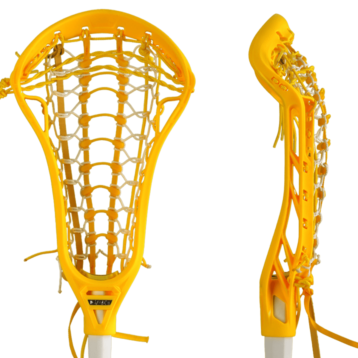Two lacrosse heads are displayed against a plain background. Both are bright yellow with woven netting. The first women's lacrosse head is shown facing front, while the second Gait Draw Strung Lacrosse Head from Gait is viewed from the side, highlighting its Rail Draw pocket design.