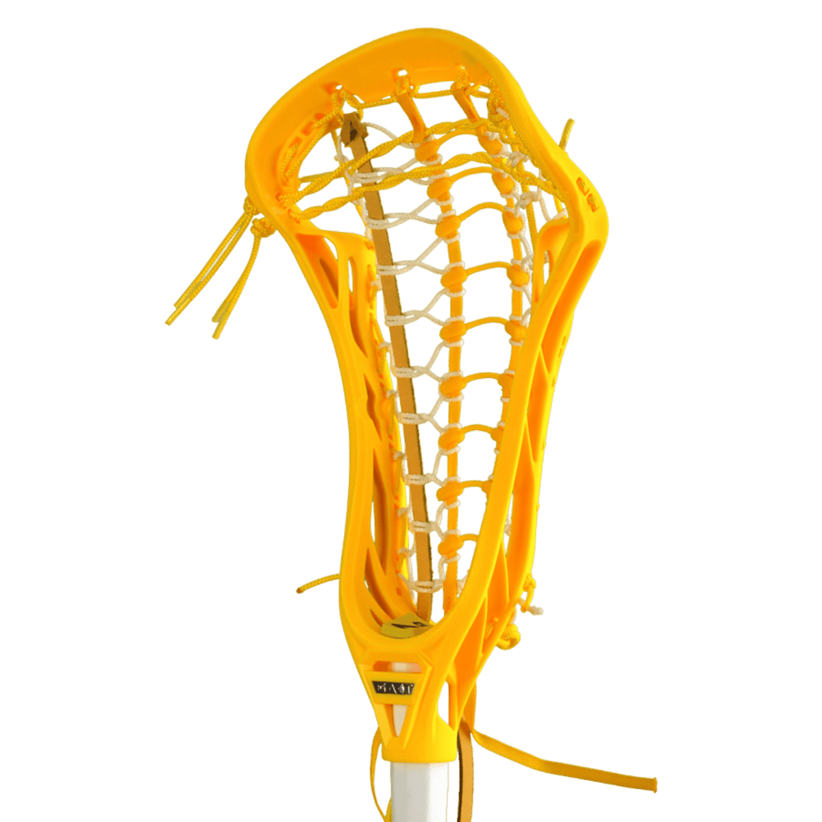 A vibrant yellow lacrosse stick for women, highlighting the detailed Gait Draw Strung Lacrosse Head with a Rail Draw pocket and a polished white handle. The netting is expertly woven, demonstrating fine craftsmanship, and the stick is stylishly set against a simple backdrop.