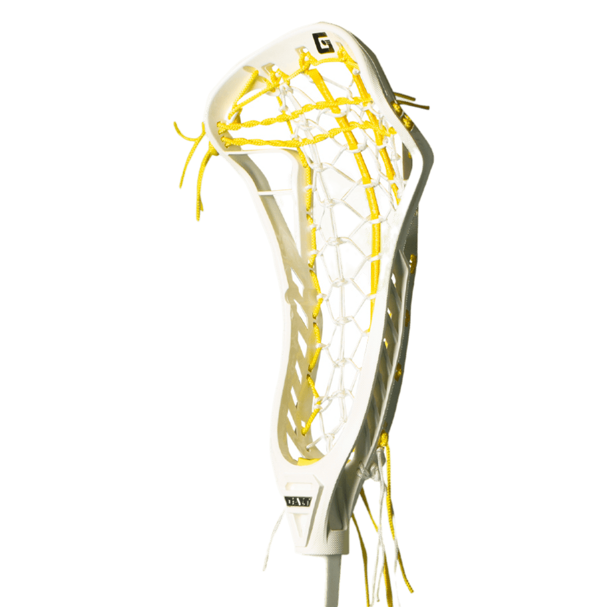 A Gait GDRA2FSW-BWHT lacrosse head, showcasing white with yellow stringing and netting, incorporates double sidewall technology and is displayed on a green background.