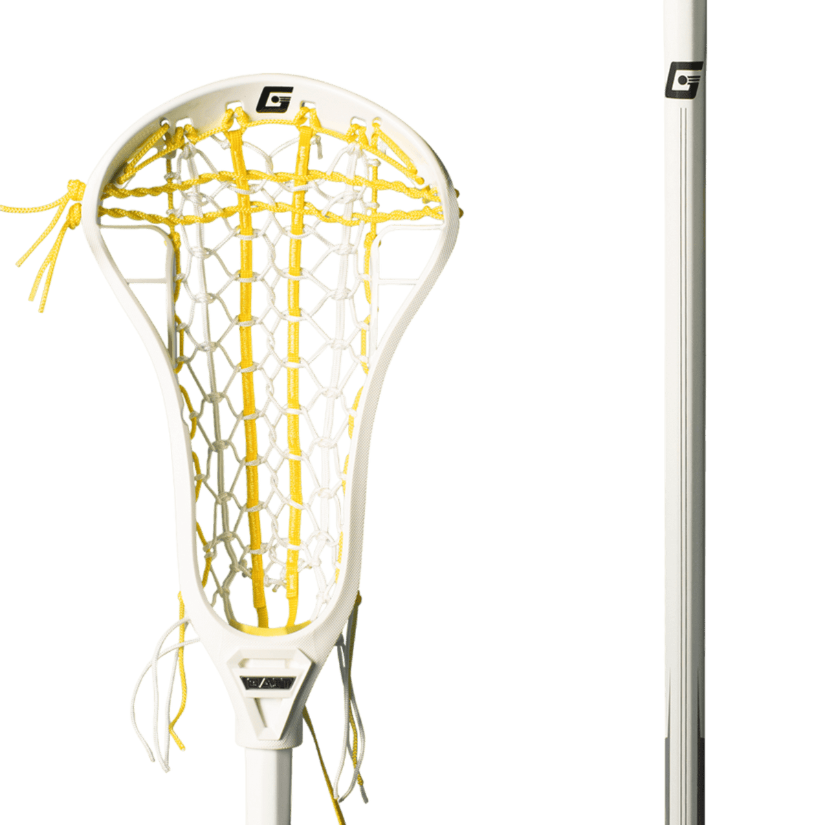 A Gait lacrosse stick, model GDRA2FSW-BWHT, is showcased with double sidewall technology. It features a white head with yellow netting and a close-up of the shaft reveals its sleek silver finish accented by black details. The head prominently displays a bold black "G" logo.