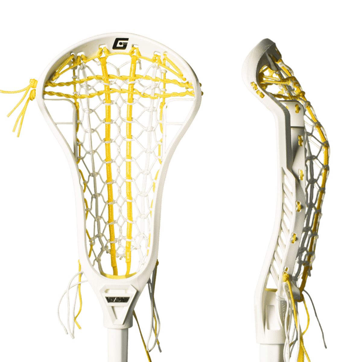 The Gait Gair Draw-M Pro Complete Stick for women is displayed from two angles, showing off its white design with yellow netting. It features a grid-like pattern and strings hanging from the edges, enhanced by expanded double sidewall technology. The plain white background accentuates every detail of this lacrosse draw stick.