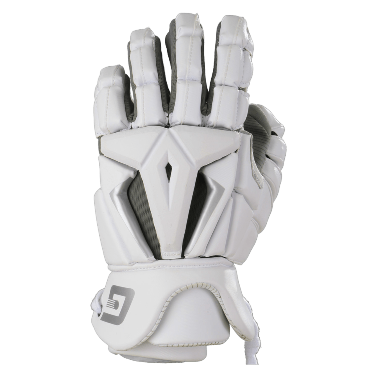 Introducing the Gait Field Lacrosse Gloves for men in a sleek white design with black detailing on the palm. These gloves feature reinforced padding and articulated fingers, ensuring flexibility and comfort while enhancing wrist movement. The stylish Gait logo near the wrist completes this protective gear.