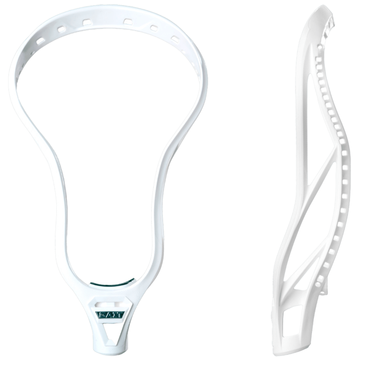 The Gait GC3 Lacrosse Head by Gait is presented in both front and side views. Made from Pro-Form material, it features a sleek, aerodynamic design with numerous stringing holes along the edge.