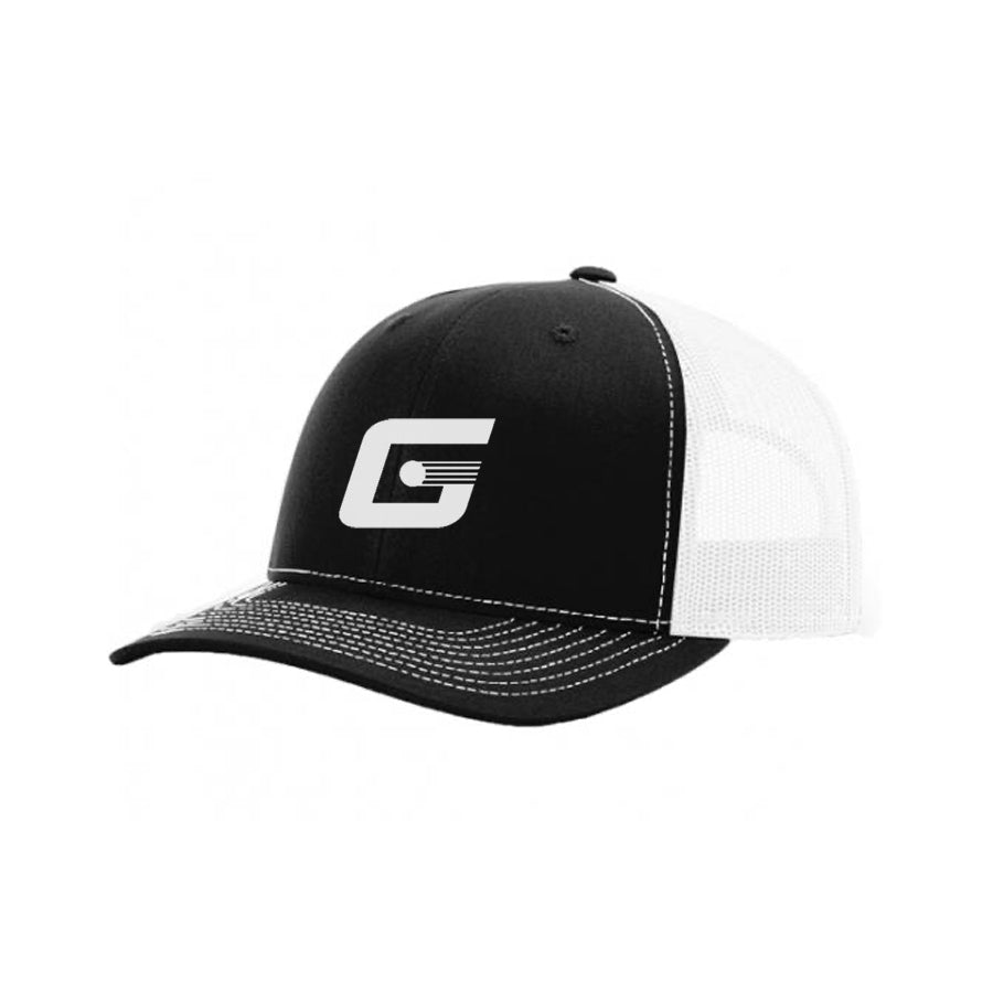 Introducing the Gait Snapback Trucker Hat by Lax.com: This stylish cap features a black front panel and visor with a distinctive stylized "G" logo. The sides and back are made of white mesh, providing a classic trucker hat look, complemented by white stitching on the visor for added flair.
