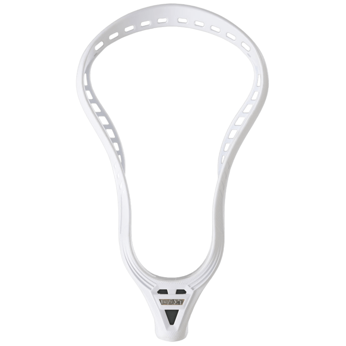 The Gait Torq Lacrosse Head by Gait features a unique open, oval-shaped design with maximum offset, complemented by multi-hole stringing along the sides and a distinctive triangular throat area, setting it apart from more traditional designs.