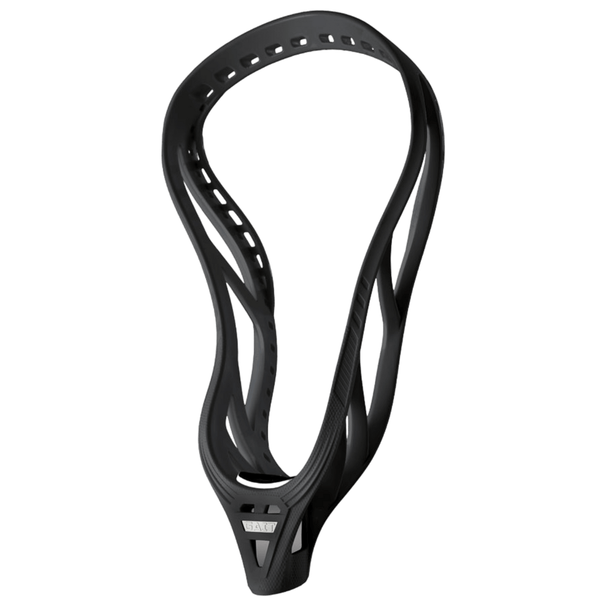 A Gait Torq Lacrosse Head in black, showcasing a sleek design with maximum offset and multiple stringing holes around the frame, set against a plain background.