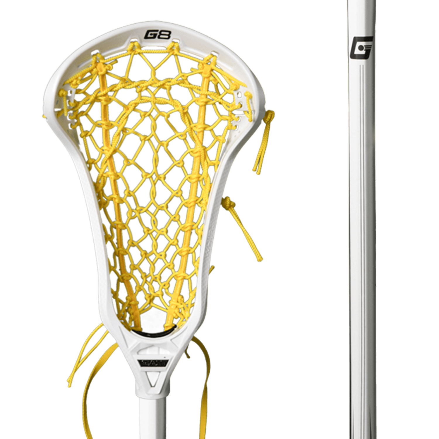 Close-up of a Gait Whip 2 Flex Mesh Complete Stick, highlighting a white women's lacrosse stick with a yellow net. The Gait logo is prominently displayed near the top. The intricately woven Flex Mesh net is complemented by yellow strings tied on the side for adjustment, and the straight, white shaft features a small logo.