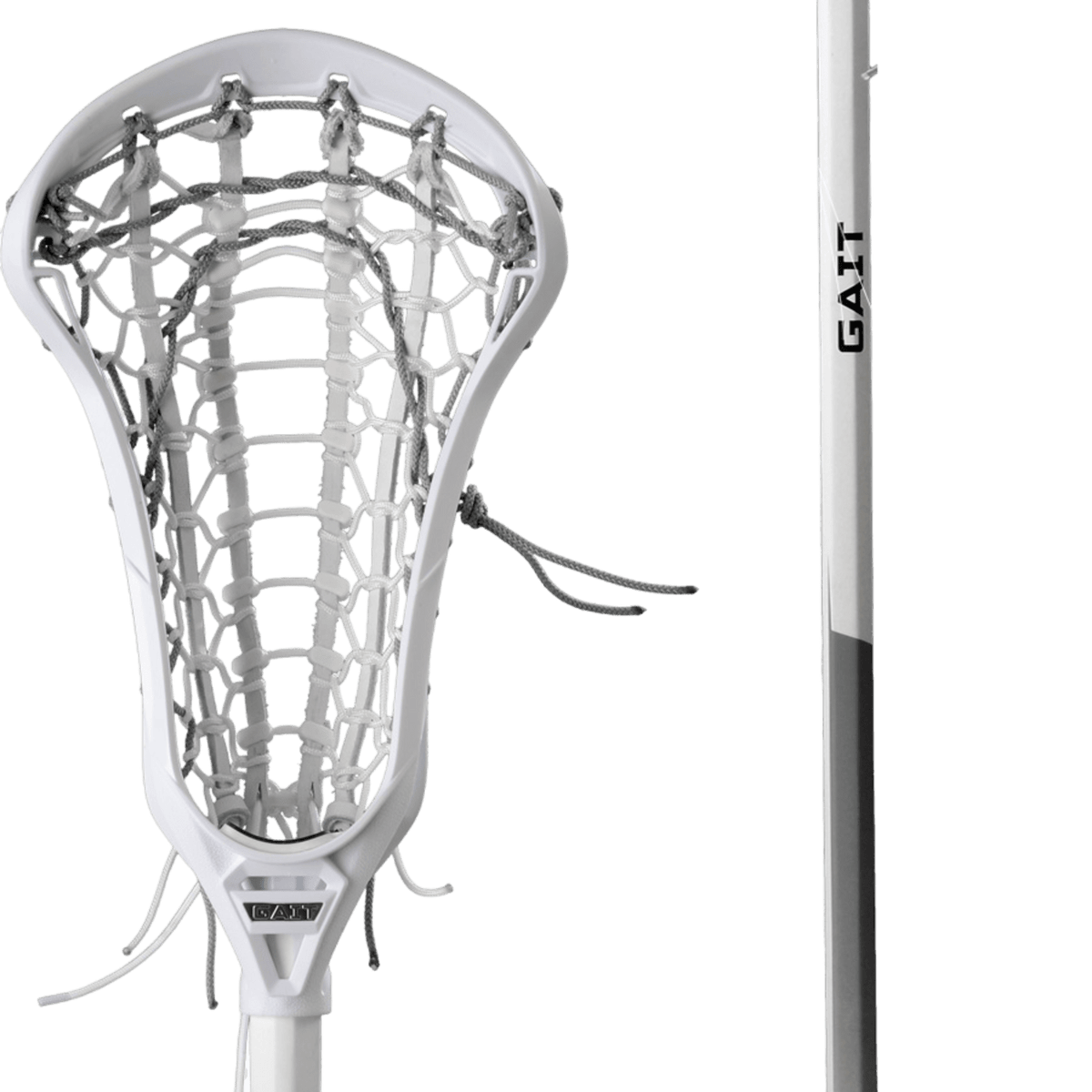 Close-up of a Gait GWHIFSW-BLK women's lacrosse stick, showcasing a netted head and shaft. The brand name "Gait" is prominently displayed on the shaft. Featuring double sidewall technology, the strings and mesh are expertly woven within the head against a transparent background.
