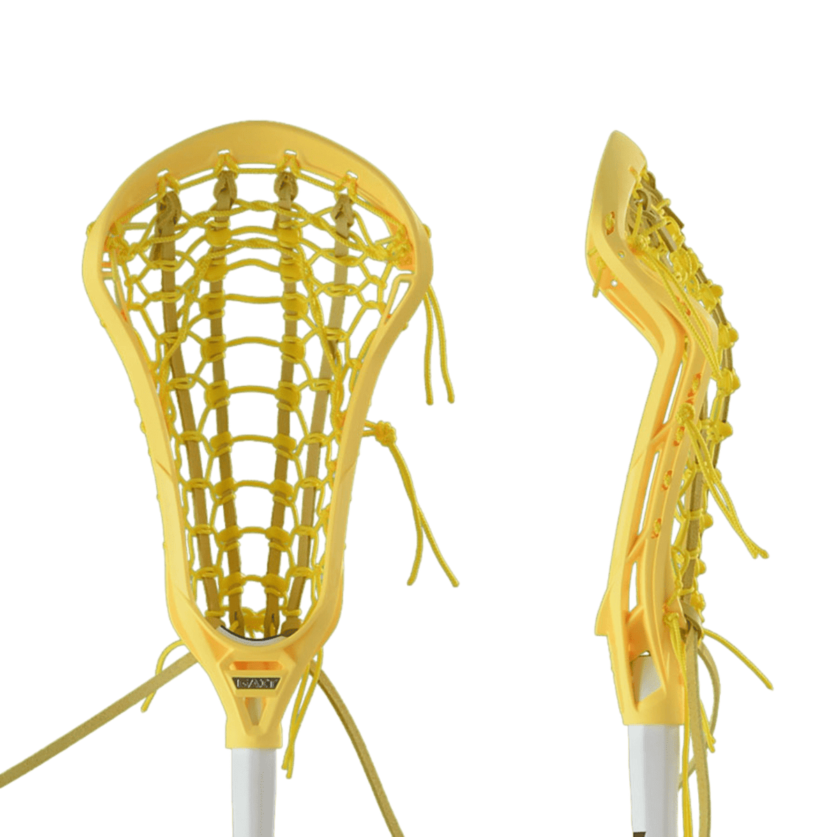 Two Gait women's lacrosse sticks in yellow are shown against a green background. One stick is displayed from the front, and the other from the side, showcasing the woven netting and intricate design details enhanced by curved offset technology.