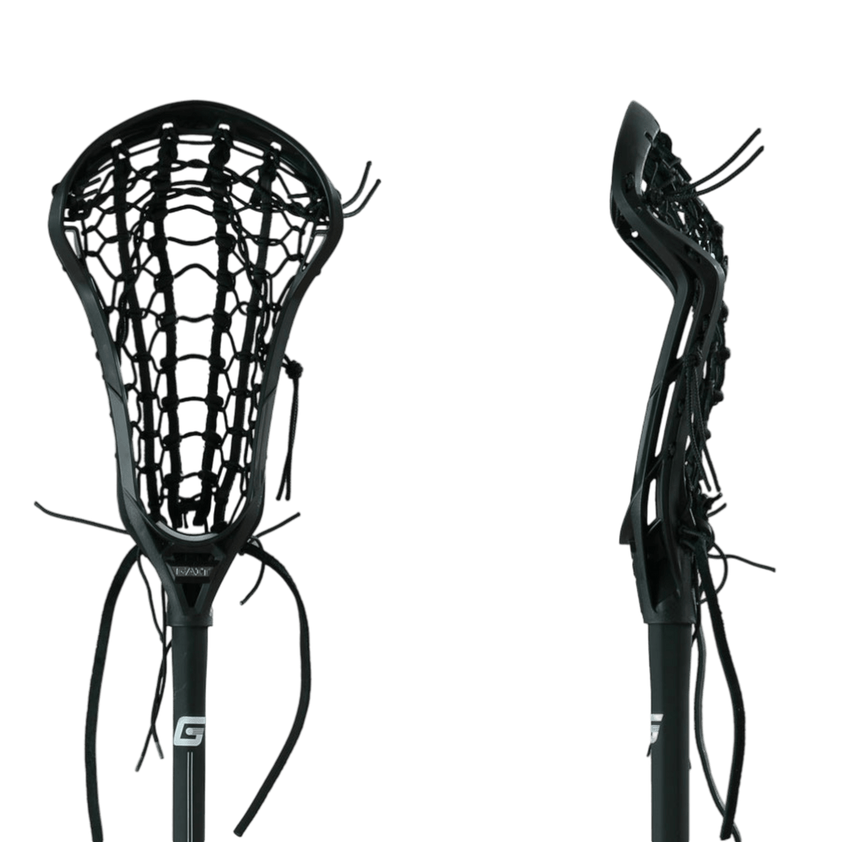 Two black Gait women's lacrosse sticks, model GWHIFSW-BLK, are shown against a plain background. One features double sidewall technology and is facing forward, while the other is turned to the side, showcasing the intricate mesh and stringing details.