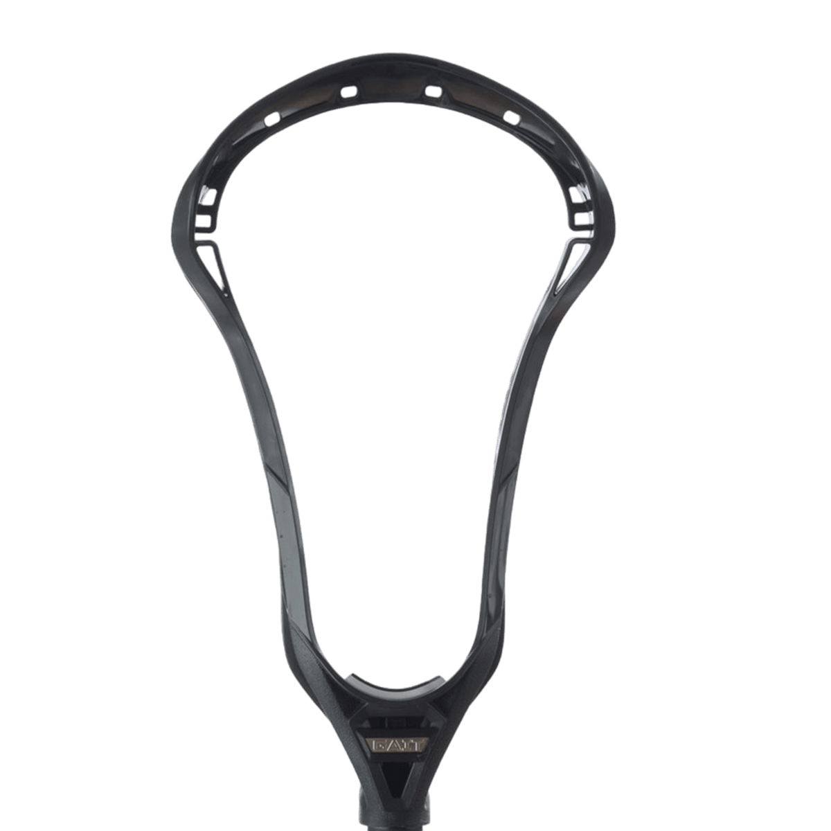 A Gait Whip Unstrung Lacrosse Head from the brand Gait, in black, showcases a streamlined design and curved offset, with multiple stringing holes along the perimeter, presented against a plain background.
